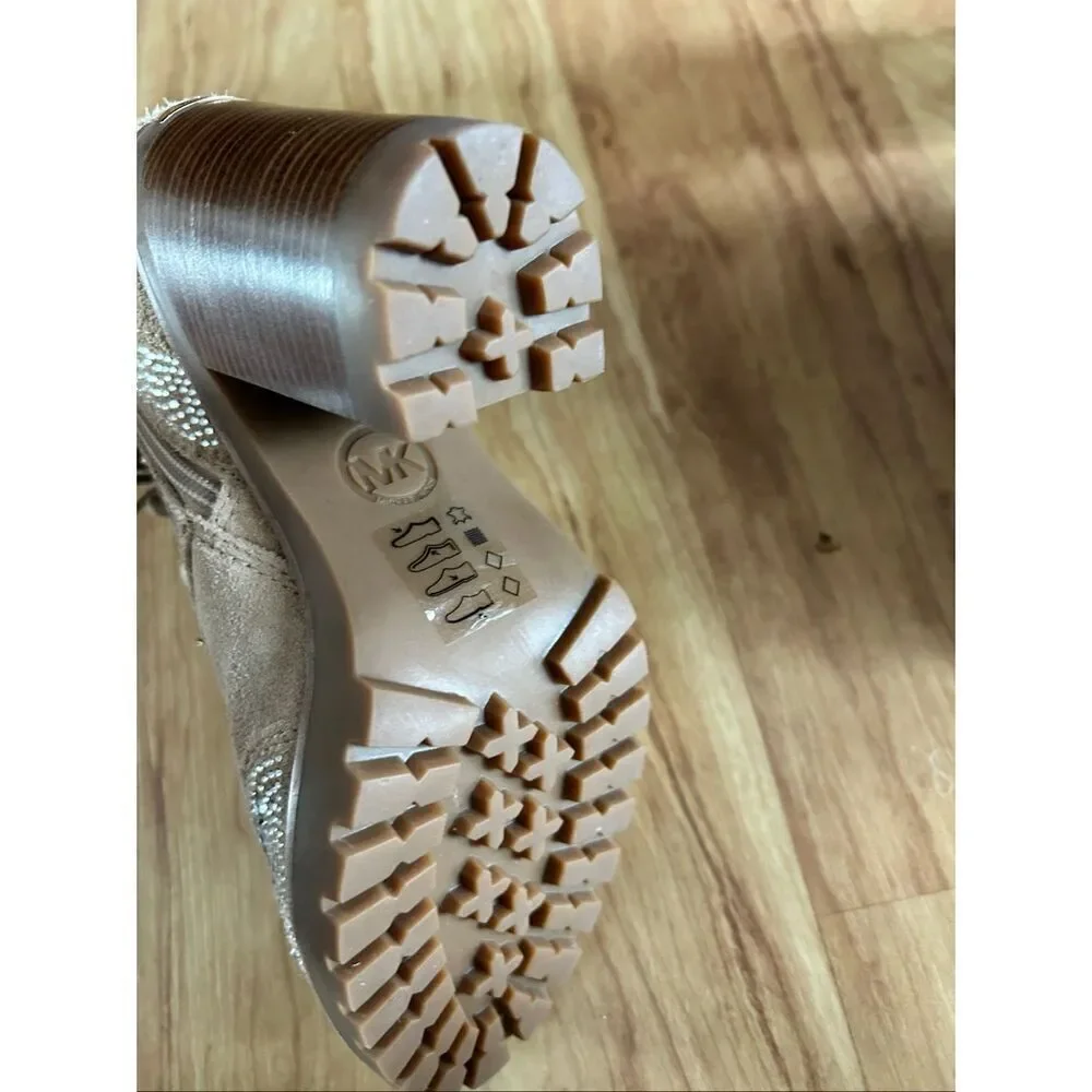 Michael Kors tan chunky heel sparkly boots leather suede size 6M New combat
